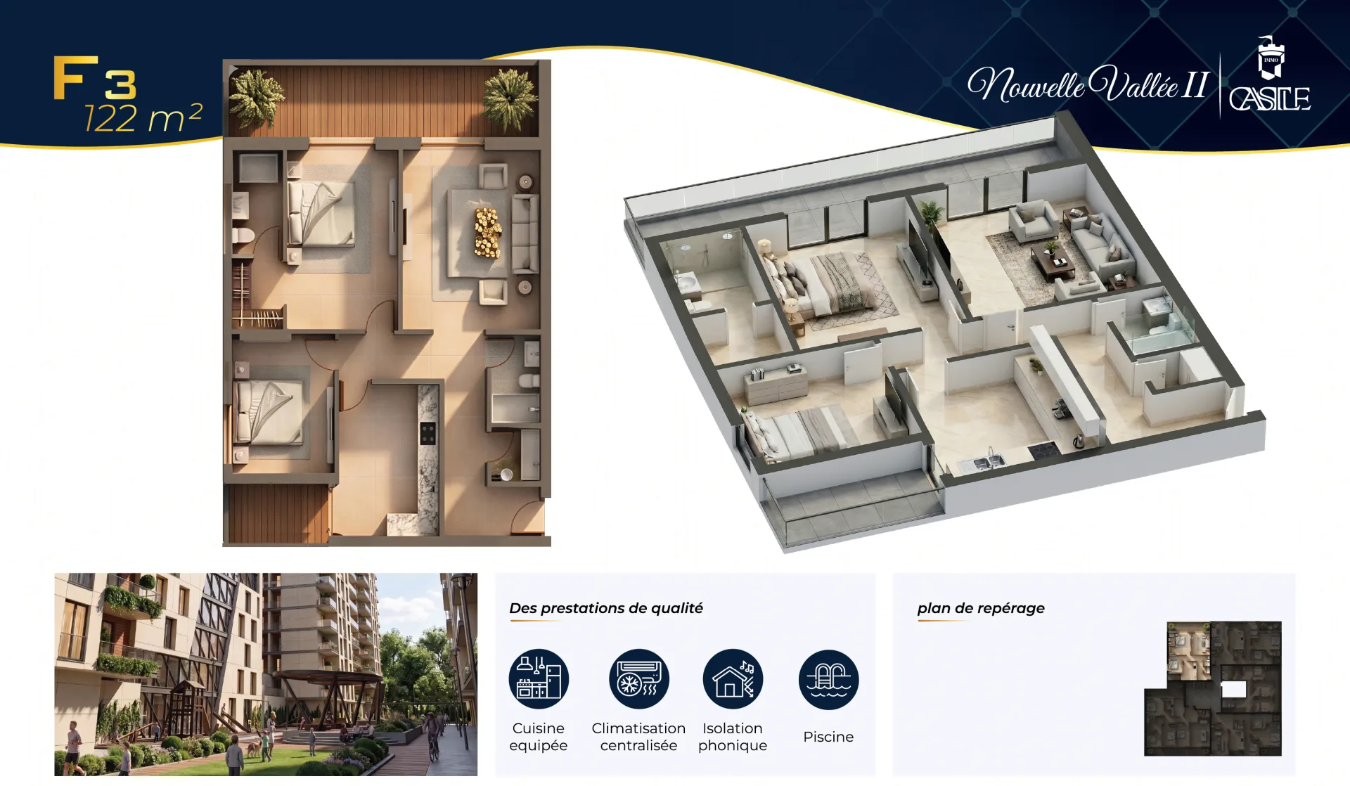 Plan 3D appartement F3 122 m2 Birkhadem Nouvelle Vallée 2 Plan 3D appartement F3 122 m2 Birkhadem Nouvelle Vallée 2